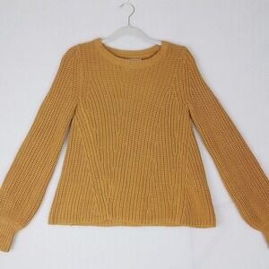 LOFT Womens Sweater XS Yellow Mustard Chunky Knit Crew Neck‎ Lantern Sleeve